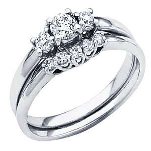White Gold 3 Stone Round cut Diamond Matching Engagement Wedding Ring 