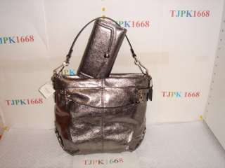   NWT Coach~Silver Pewter~Leather Brooke Hobo 17165 + Checkbook Wallet